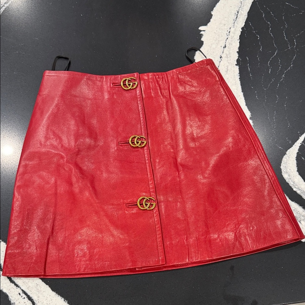 Gucci Red Leather Mini Skirt with Gold GG Buttons